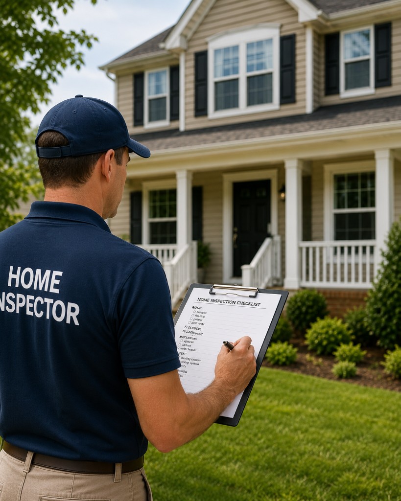GCC home inspector with checklist reviewing a residential property